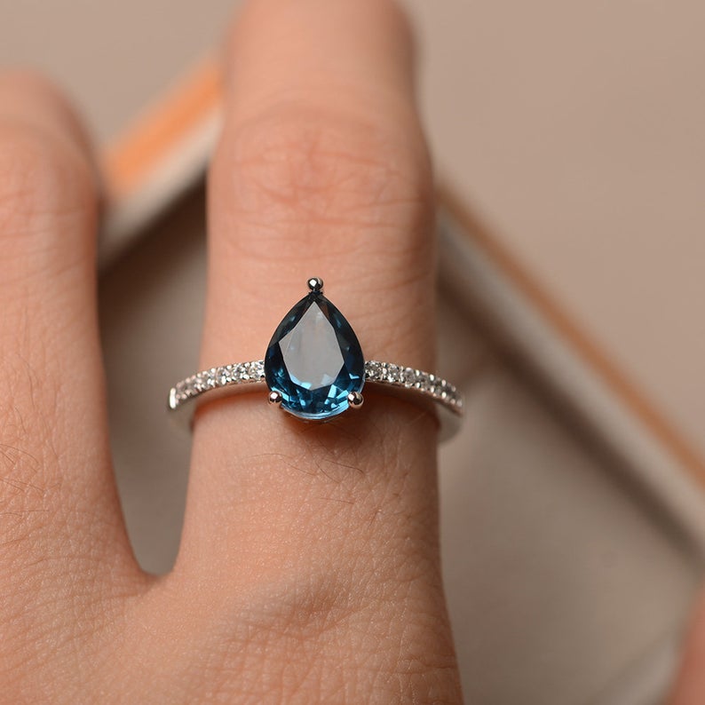 1.50 Ct Pear Cut London Blue Topaz 925 Sterling Silver Solitaire W/Accents Engagement Ring