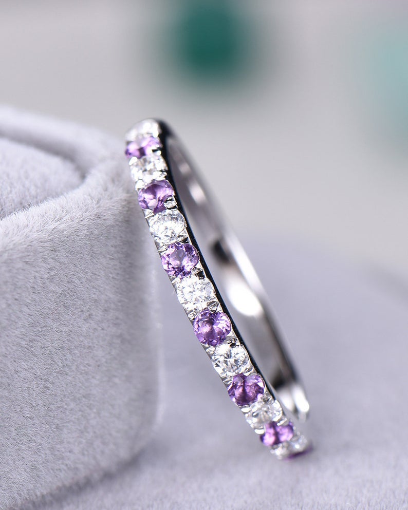 1.20 Ct Round Cut Purple Amethyst & White CZ Half Eternity Promise Band Ring In 925 Sterling Silver