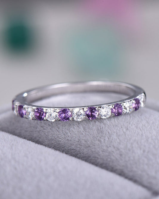 1.20 Ct Round Cut Purple Amethyst & White CZ Half Eternity Promise Band Ring In 925 Sterling Silver