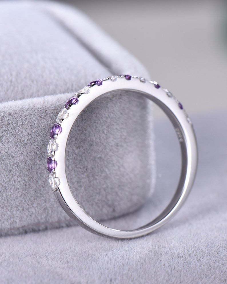 0.75 CT Round Cut Amethyst CZ Diamond 925 Sterling Silver Half Eternity Wedding Band Ring