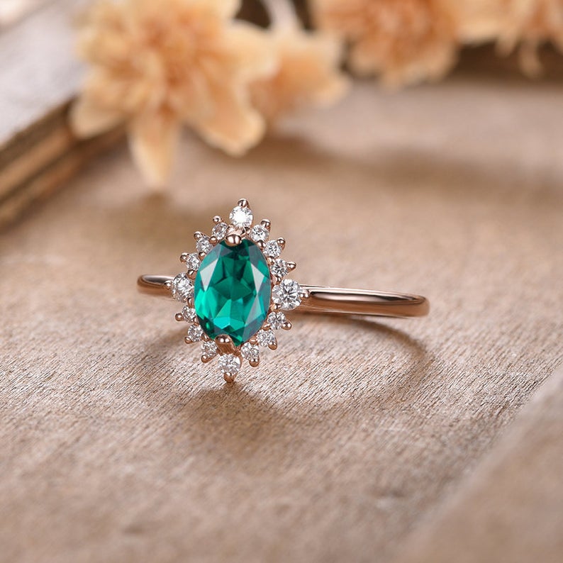 1 CT Oval Cut Emerald Diamond Rose Gold Over On 925 Sterling Silver Halo Engagement Ring