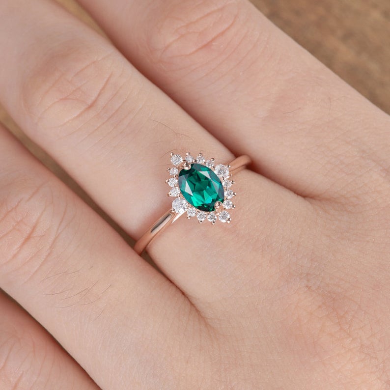 1 CT Oval Cut Emerald Diamond Rose Gold Over On 925 Sterling Silver Halo Engagement Ring