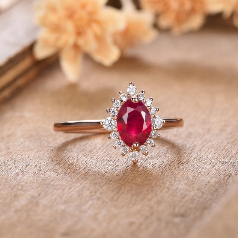 1 CT Oval Cut Red Ruby Diamond 925 Sterling Silver Halo Promise Ring - atjewels.in