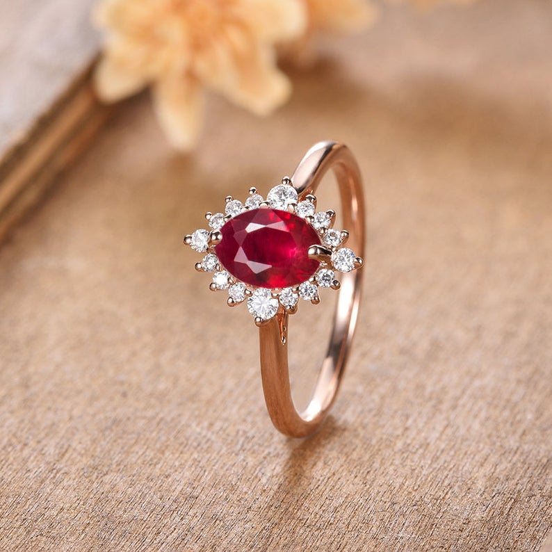 1 CT Oval Cut Red Ruby Diamond 925 Sterling Silver Halo Promise Ring