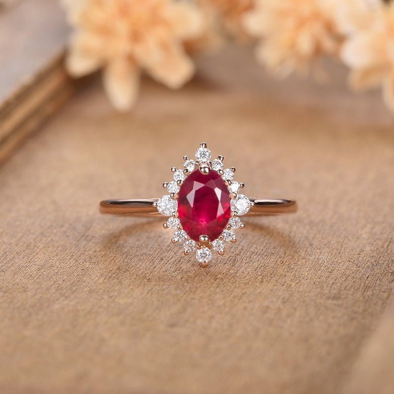 1 CT Oval Cut Red Ruby Diamond 925 Sterling Silver Halo Promise Ring - atjewels.in