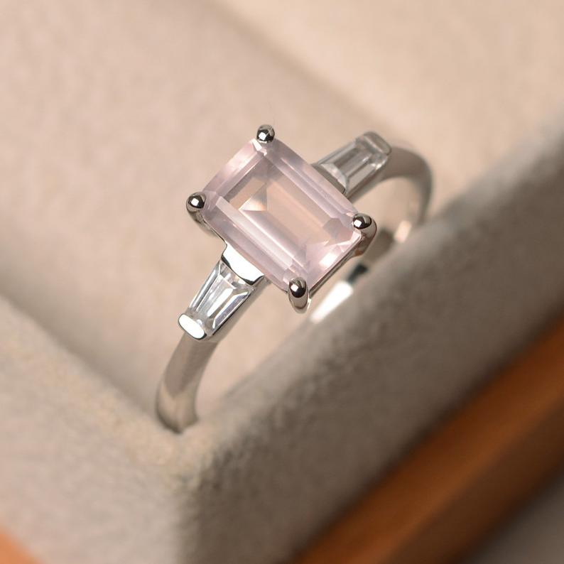 2.50 Ct Emerald Cut Rose Quartz Three-Stone Engagement Ring In 925 sterling Silver