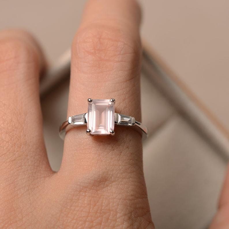 2.50 Ct Emerald Cut Rose Quartz Three-Stone Engagement Ring In 925 sterling Silver