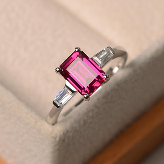 2 Ct Emerald Cut Red Ruby & White Baguette Three-Stone Promise Ring In 925 Sterling Silver