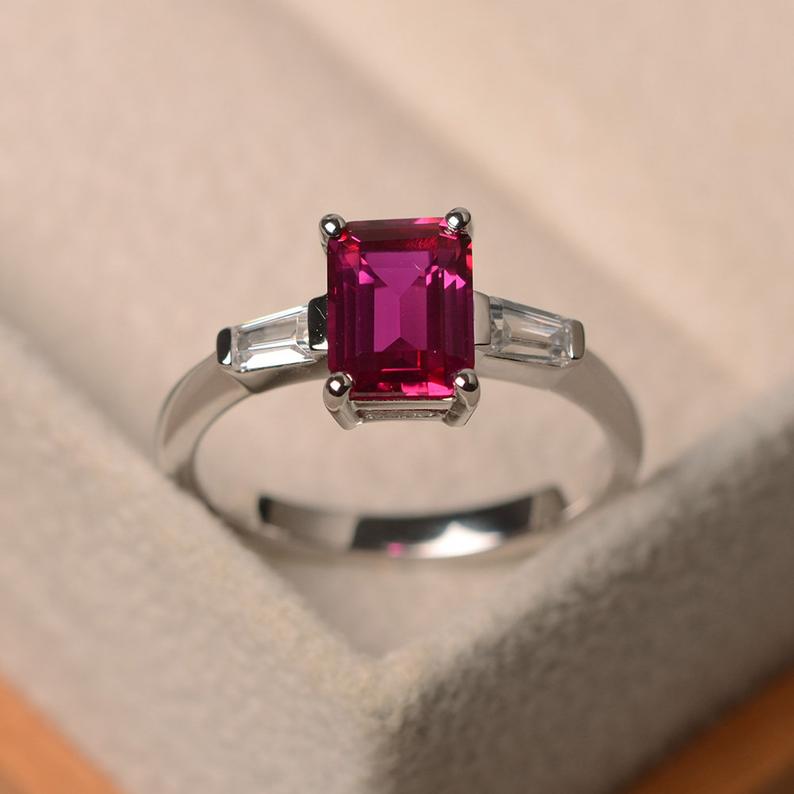 2 Ct Emerald Cut Red Ruby & White Baguette Three-Stone Promise Ring In 925 Sterling Silver