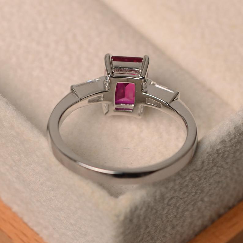 2 Ct Emerald Cut Red Ruby & White Baguette Three-Stone Promise Ring In 925 Sterling Silver