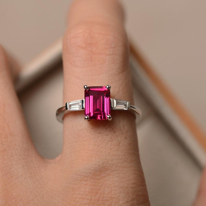 2 Ct Emerald Cut Red Ruby & White Baguette Three-Stone Promise Ring In 925 Sterling Silver