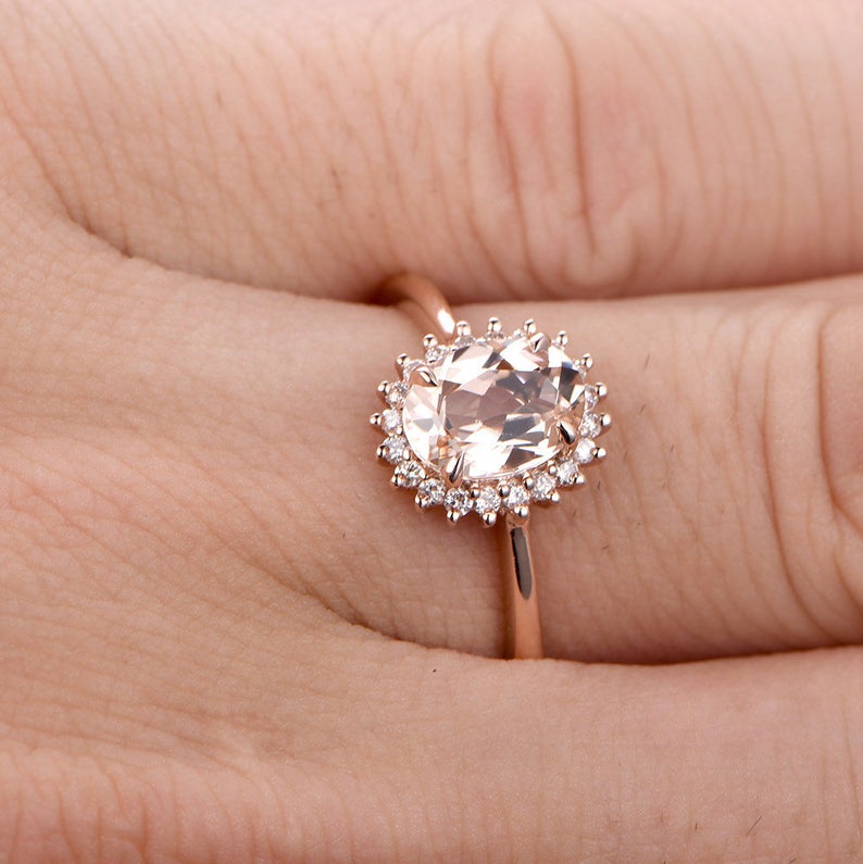 1.50 Ct Oval Cut Peach Morganite Rose Gold Over On 925 Sterling Silver Halo Engagement Ring