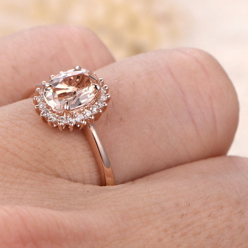 1.50 Ct Oval Cut Peach Morganite Rose Gold Over On 925 Sterling Silver Halo Engagement Ring