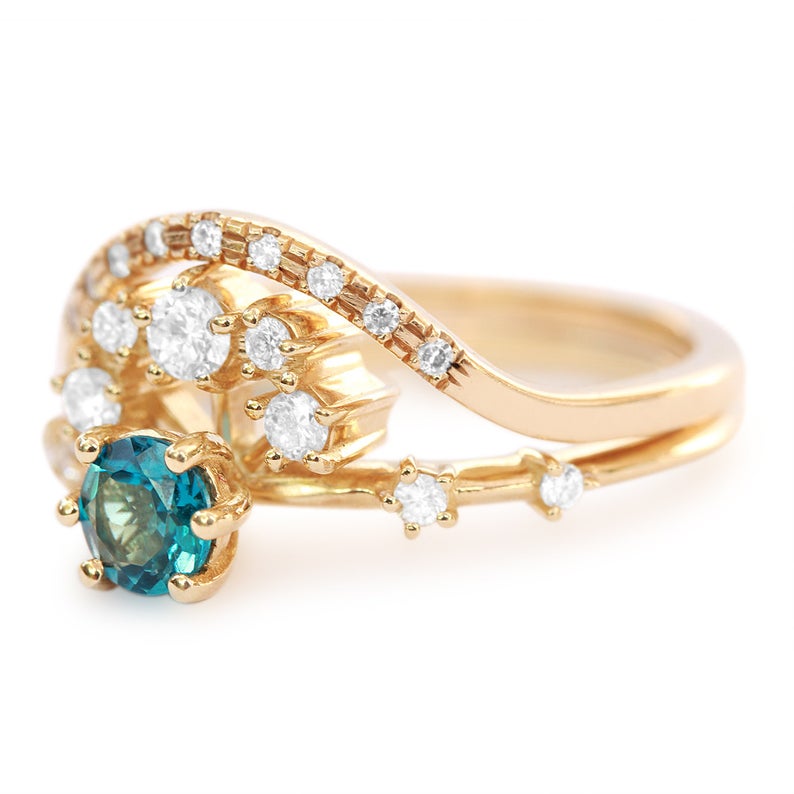 1 CT Round Cut Blue Topaz & Diamond 925 Sterling Silver Halo Unique November Birthstone Engagement Ring Set