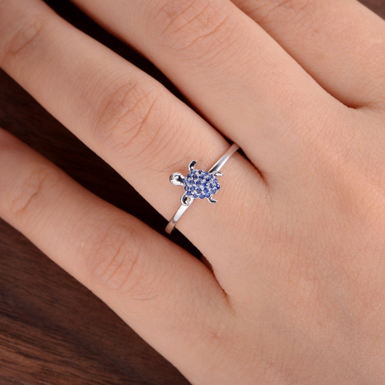 0.75 Ct Round Cut Blue Sapphire Sea Turtle Ring In 925 Sterling Silver