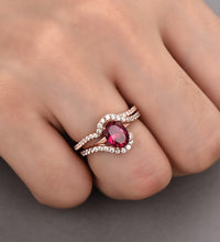 1 CT Oval Cut Red Ruby CZ Diamond Rose Gold Over On 925 Sterling Silver Curve Matching Band Bypass Wedding Band Ring