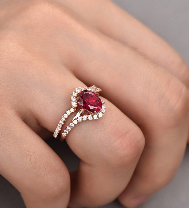 1 CT Oval Cut Red Ruby CZ Diamond Rose Gold Over On 925 Sterling Silver Curve Matching Band Bypass Wedding Band Ring
