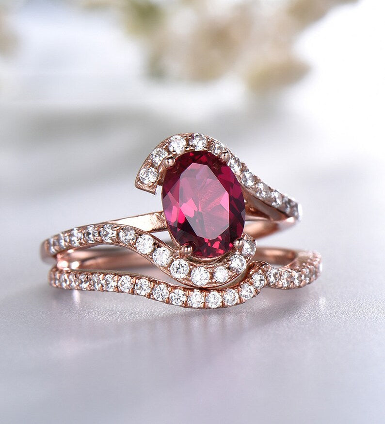 CT Oval Cut Red Ruby CZ Diamond Rose Gold Over On 925 Sterling Silver Curve Matching Band Bypass Wedding Band Ring