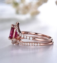 1 CT Oval Cut Red Ruby CZ Diamond Rose Gold Over On 925 Sterling Silver Curve Matching Band Bypass Wedding Band Ring