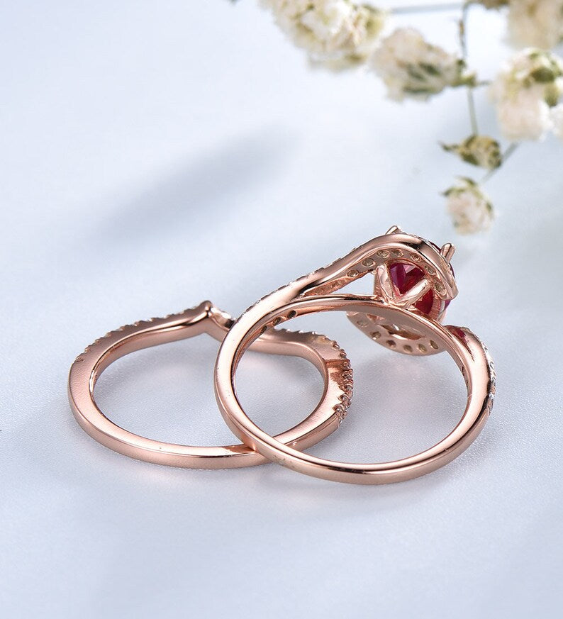 1 CT Oval Cut Red Ruby CZ Diamond Rose Gold Over On 925 Sterling Silver Curve Matching Band Bypass Wedding Band Ring