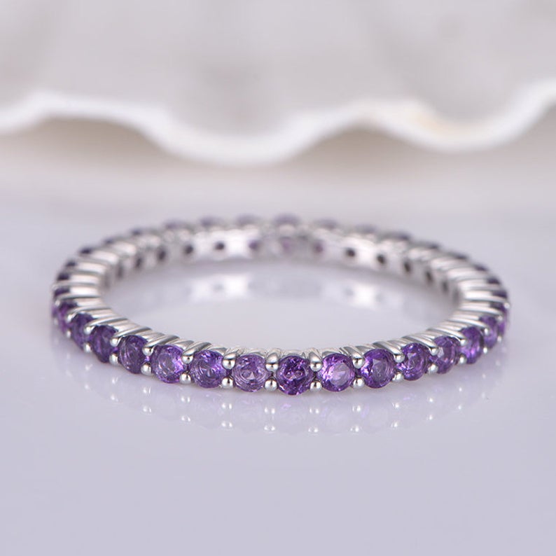 1.20 CT Round Cut Amethyst Diamond White Gold Over On 925 Sterling Silver Full Eternity Wedding Band Ring