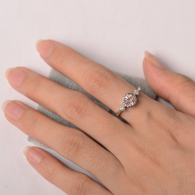 1.20 Ct Round Cut Pink Morganite & White CZ Three-Stone Promise Ring In 925 Sterling Silver