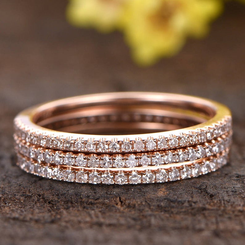 1.20 CT Round Cut Diamond Rose Gold Over On 925 Sterling Silver Trio Bridal Band Ring set