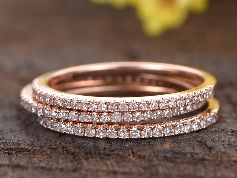 CT Round Cut Diamond Rose Gold Over On 925 Sterling Silver Trio Bridal  Band Ring set