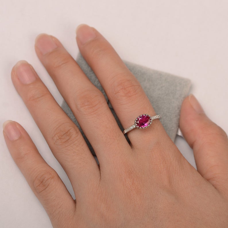 1.30 Ct Oval Cut Pink Ruby 925 Sterling Silver Solitaire W/Accents Promise Gift Ring