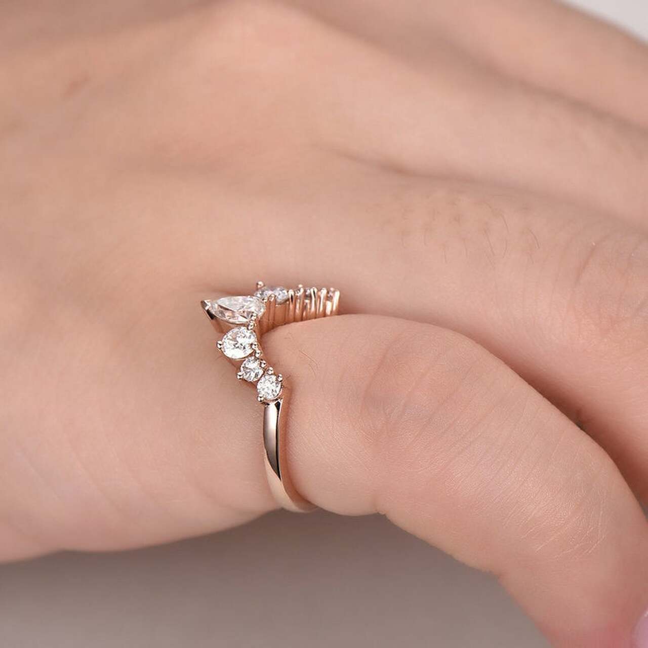 1 CT Pear Cut Diamond Rose Gold Over On 925 Sterling Silver Curve Promise Ring