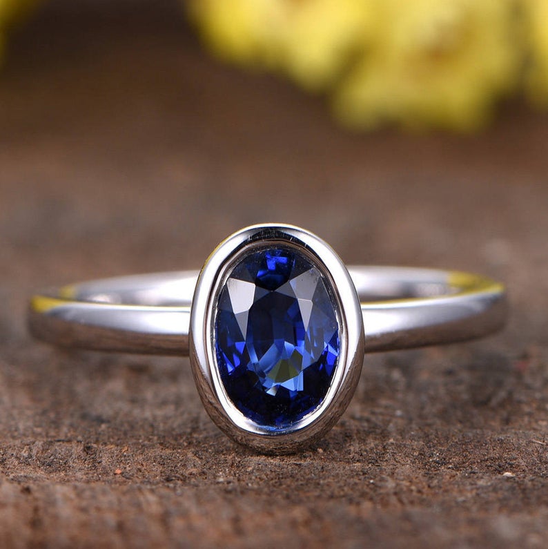 1.20 Ct Oval Cut Blue Sapphire 925 Sterling Silver Bezel Set September Birthstone Solitaire Ring