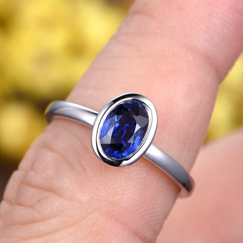 1.20 Ct Oval Cut Blue Sapphire 925 Sterling Silver Bezel Set September Birthstone Solitaire Ring