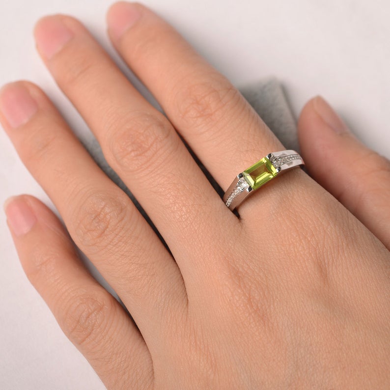 1.25 Ct Emerald Cut Green Peridot Solitaire W/Accents August Birthstone Ring In 925 Sterling Silver