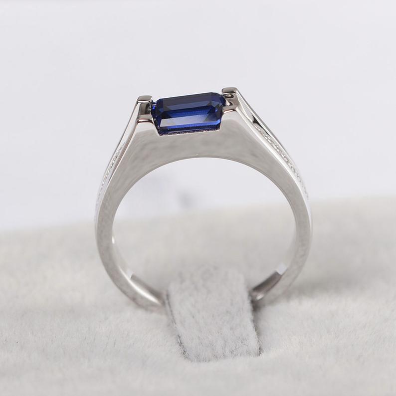1.50 Ct Emerald Cut Blue Sapphire 925 Sterling Silver Solitaire W/Accents Engagement Ring