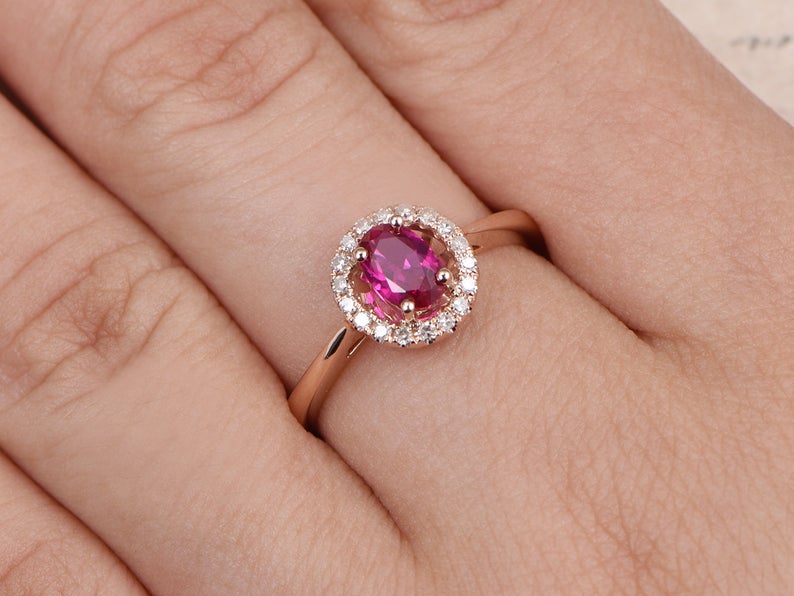 1 CT Oval Cut Pink Ruby Diamond Rose Gold Over On 925 Sterling Silver Halo Wedding Ring