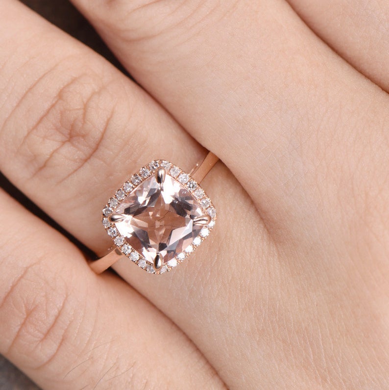 2 CT Cushion Cut Morganite Diamond Rose Gold Over On 925 Sterling Silver Halo Wedding Ring