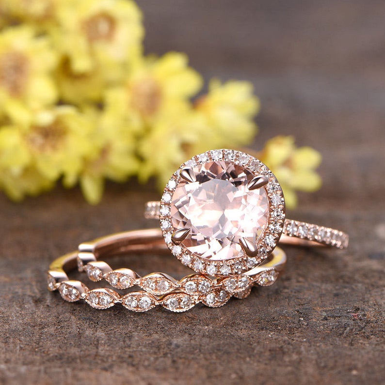 1 CT Round Cut Peach Morganite Diamond Rose Gold Over On 925 Sterling Silver Trio Wedding Ring set