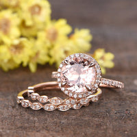 1 CT Round Cut Peach Morganite Diamond Rose Gold Over On 925 Sterling Silver Trio Wedding Ring set