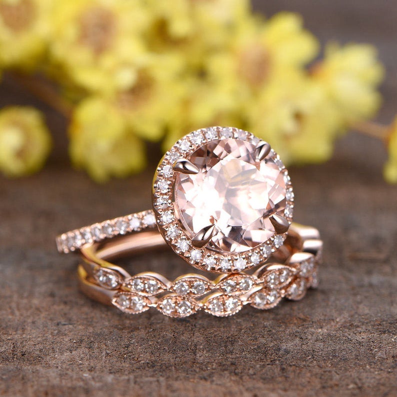 1 CT Round Cut Morganite Diamond Rose Gold Over On 925 Sterling Silver Halo Wedding Trio Ring Set