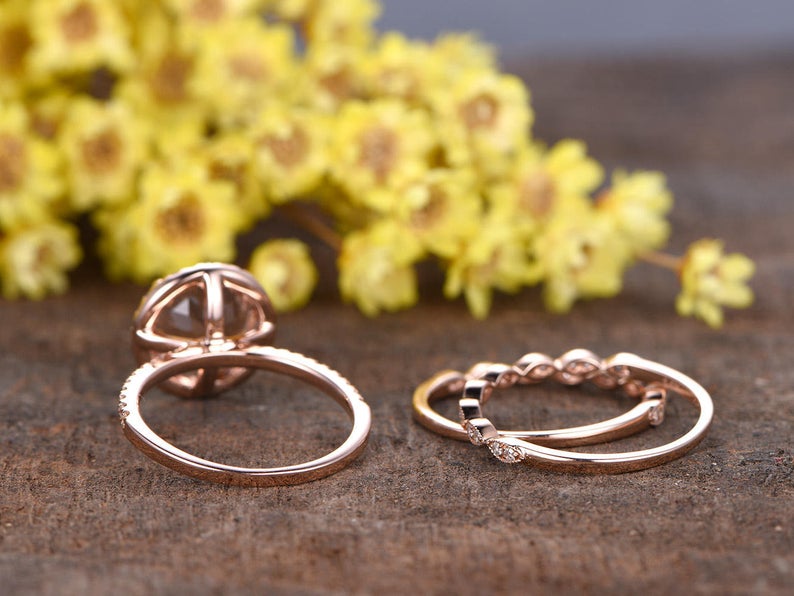1 CT Round Cut Morganite Diamond Rose Gold Over On 925 Sterling Silver Halo Wedding Trio Ring Set