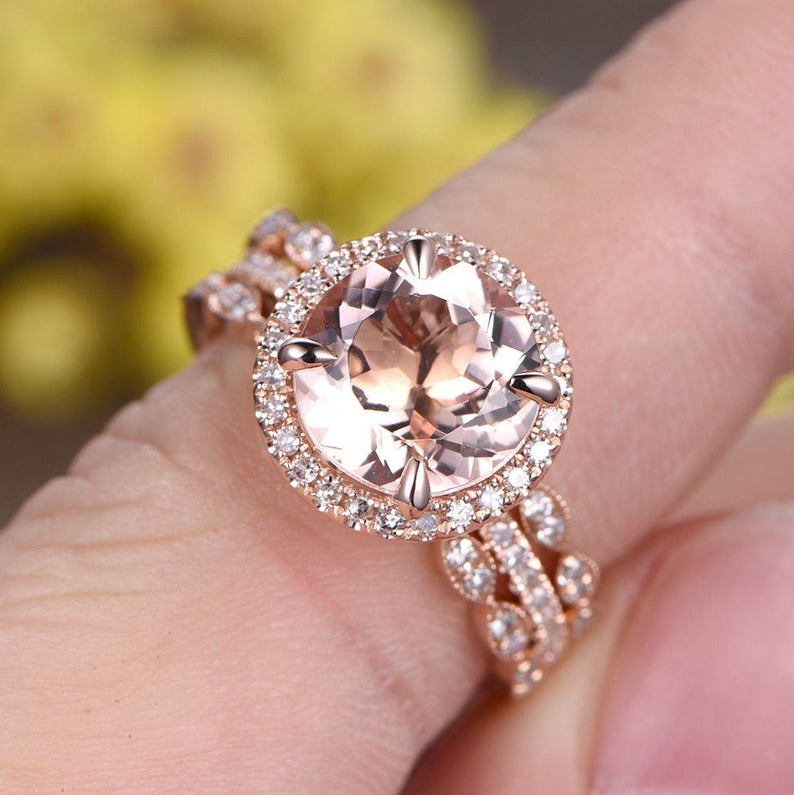 1 CT Round Cut Peach Morganite Diamond Rose Gold Over On 925 Sterling Silver Trio Wedding Ring set