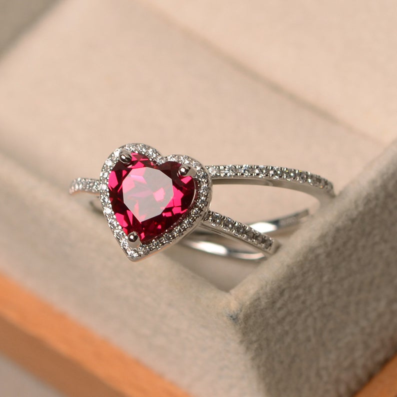 2.25 Ct Heart Cut Red Ruby 925 Sterling Silver Halo Engagement Bridal Ring Set - atjewels.in