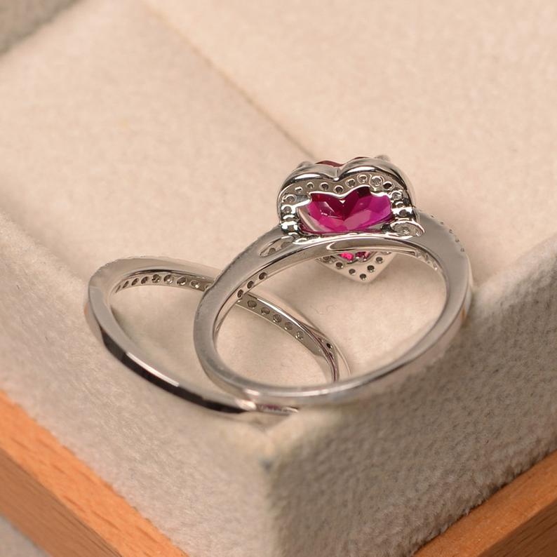 2.25 Ct Heart Cut Red Ruby 925 Sterling Silver Halo Engagement Bridal Ring Set - atjewels.in