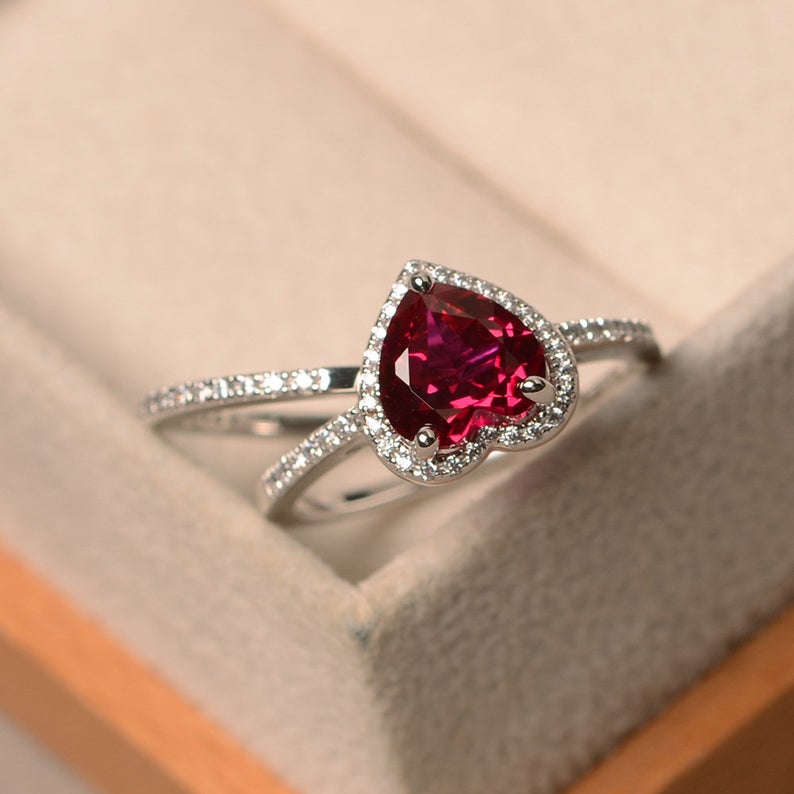 2.25 Ct Heart Cut Red Ruby 925 Sterling Silver Halo Engagement Bridal Ring Set - atjewels.in