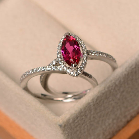 1.75 Ct Marquise Cut Pink Ruby Halo Engagement Bridal Ring Set In 925 Sterling Silver
