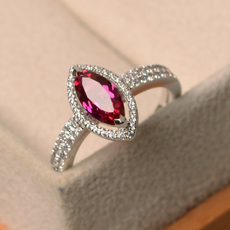 1.75 Ct Marquise Cut Pink Ruby Halo Engagement Bridal Ring Set In 925 Sterling Silver