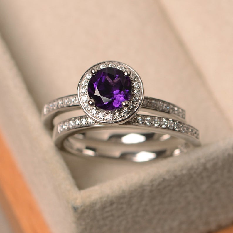 1 CT Round Cut Amethyst Diamond 925 Sterling Silver Halo February birthstone Ring Set