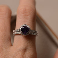 1 CT Round Cut Amethyst Diamond 925 Sterling Silver Halo February birthstone Ring Set