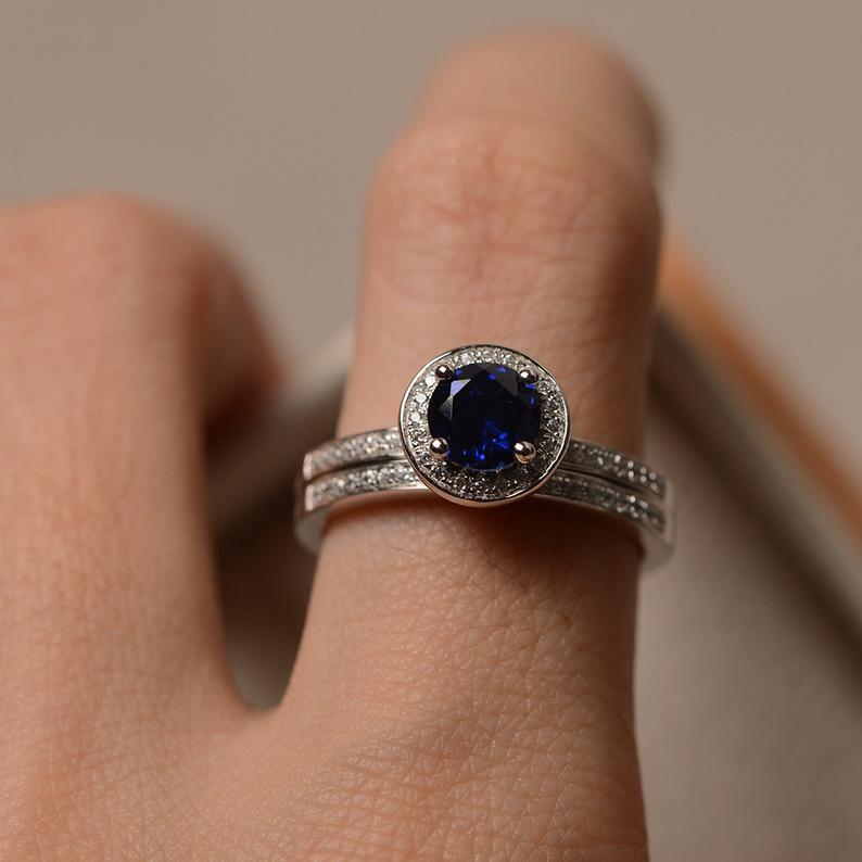 1.35 Ct Round Cut Blue Sapphire 925 Sterling Silver Engagement Bridal Ring Set