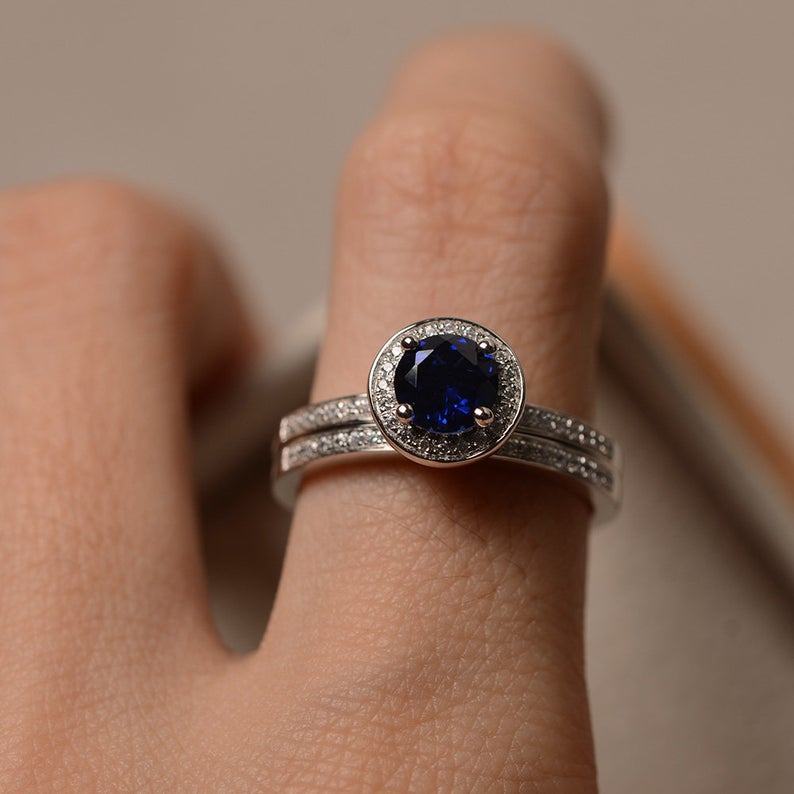 1 CT Round Cut Blue Sapphire Diamond 925 Sterling Silver Halo Engagement Ring For Women